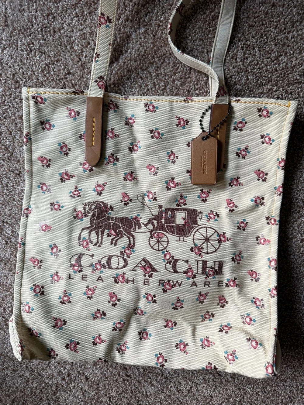 Coach Cream Canvas Tote with Pink Floral Print